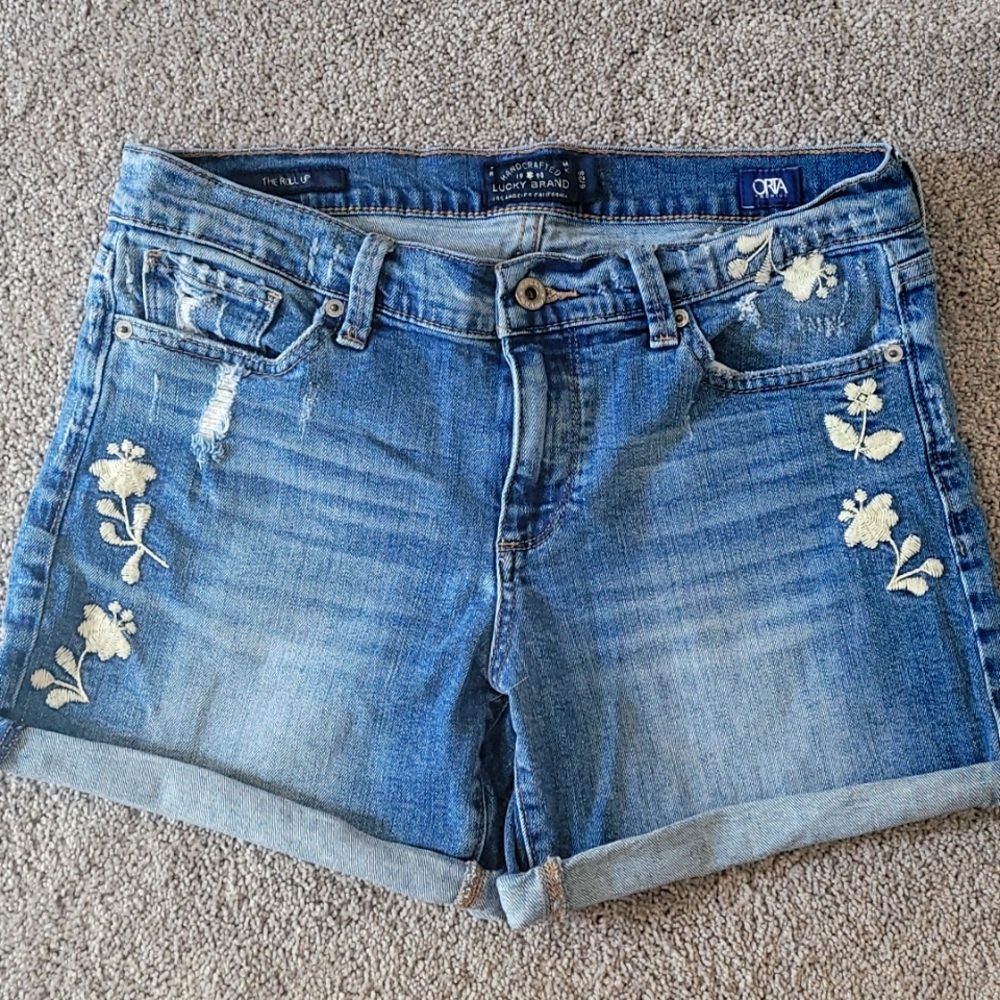 lucky Brand Roll Up Floral Embroidery Denim Shorts